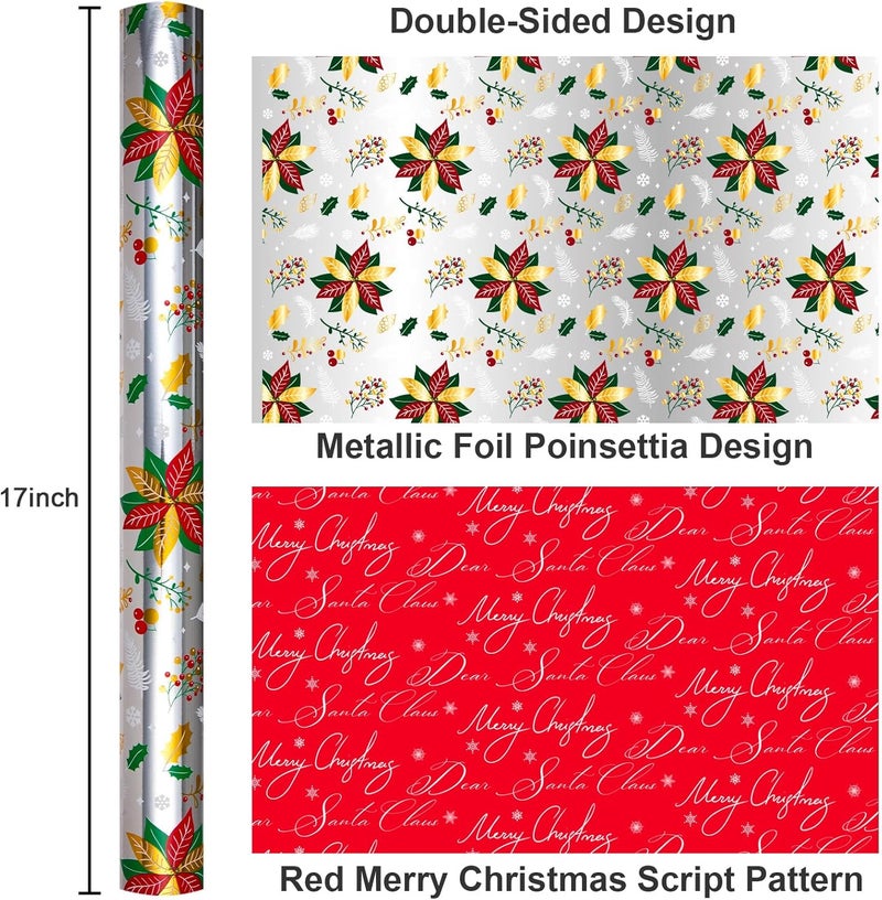 Yarcony Floral Christmas Wrapping Paper Rolls, Silver Christmas Wrapping Paper, Metllic Foil Poinsettias, Holly Berries, Winter Greens Pattern Holiday Gift Wrap for Celebration (17 Inch x 33 Feet) - Image 3